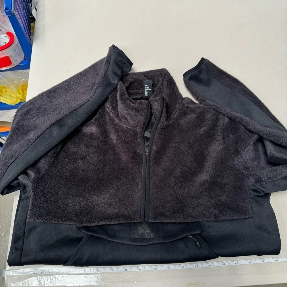 Adidas fleece pull over sweater sweatshirt black mens small women medium pockets
